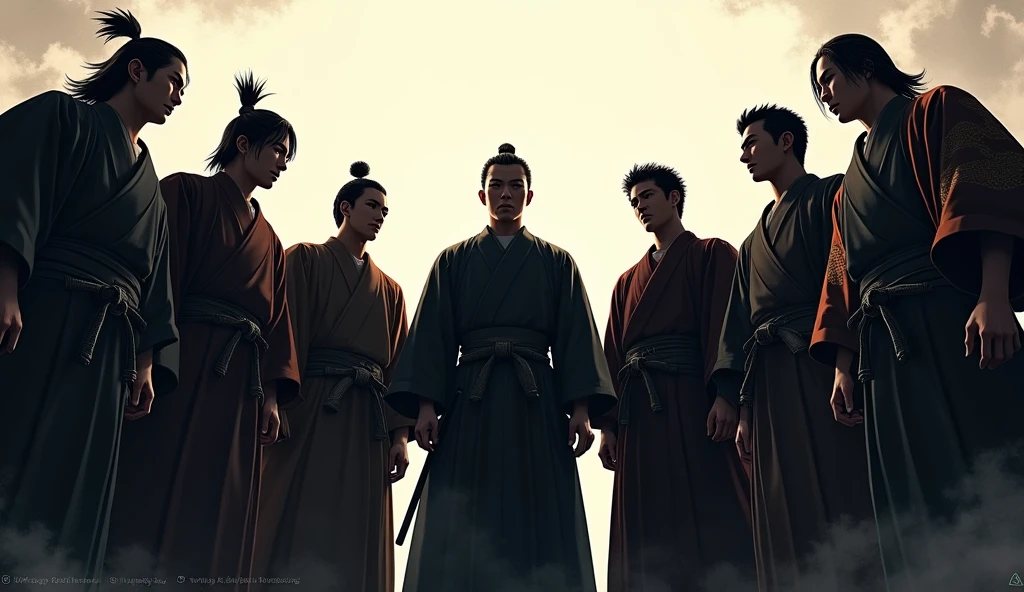 Super realistic illustration, Detailed Official Poster, 7 samurai, Seven samurai standing in a V-shape in various samurai costumes, looking at the viewer, backlight, silhouette, low-angle shot from below