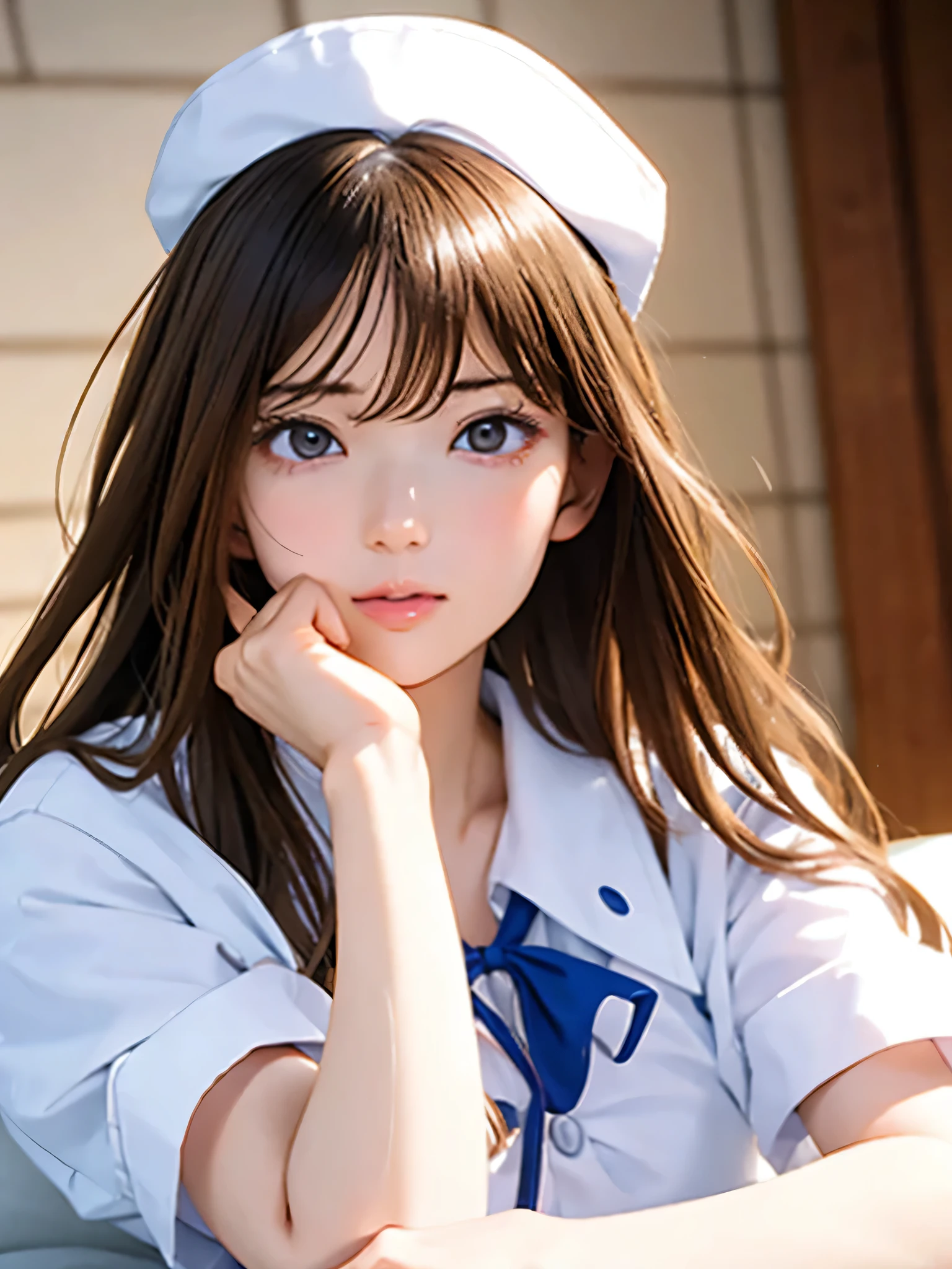 High resolution, 8k, Highest quality, detailed, Semi-realistic anime, Anime 3D Style, Smooth anime CG, One Girl, 20 year old Japanese woman, slim, Modeled, Shiny brown hair, detailedな顔, Beautiful and detailed, Glowing Skin, Hard Focus、Film Grain, Soft lighting,Beautiful Japanese Women Photos, One Girl, (Big Breasts)、 double eyelid, White nurse uniform, nurse (cap), White shirt, Open shirt, hospital, Patient's room, sexy、whole body、Spread your legs、On the bed