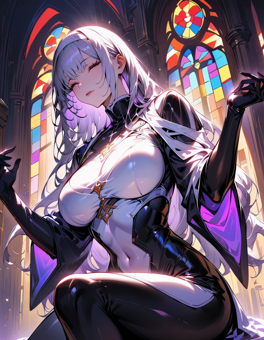 1 mature woman,(Highest quality,Extremely detailed depiction,Incredibly absurd high resolution,Anatomically accurate depiction,Curvy Legs,Shiny skin,Porcelain-like skin,Perfect body),(Nuns,Intricately crafted robes,black tights),eyelash,(Eyes closed,Large Breasts,shiny black lips,Prayer posture),whole body,background:Chapel,Backlight:1.3,Stained glass