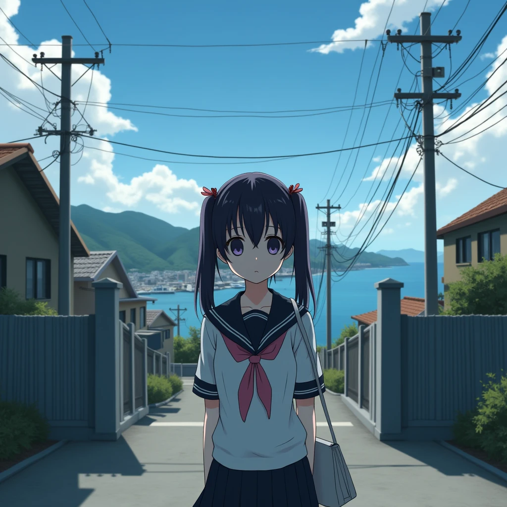 smartphone game,
1girl.
She is wearing a short sleeves white serafuku with black sailor collar with pink ribbon.
She is wearing a black skirt.
She has a very long low twintails with red ribbons. very long low pigtails, black hair.
Bag, late teens, small breasts, dark brown eyes.
Outside, school, school gate, electric pole, electric wire, hills, srope road, city scape, port city with mountains nearby, coastline, blue sky, daytime, horizon.
From front. Japanese.