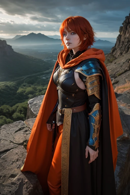 Redhead female character with short orange hair, Gothic Armor, Own, In a difficult position、Standing on a high rock、He has a serious expression, Blue Eye Color, Robe, Cape, Food, Dramatic scenes, Wizard&#39;s Tower, evening, grow, 8k