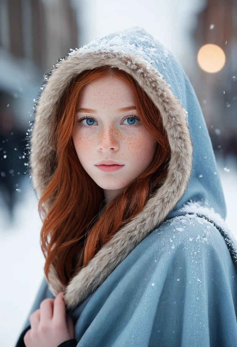 photograph of a cute tween girl, red hair, pale skin, freckles, blush, innocent,  and youthful face, silver blue eyes, wearing a cloak, city christmas festival, snowfall, Porta 160 color, shot on ARRI ALEXA 65, bokeh, sharp focus on subject, shot by Don McCullin, nsfw, (natural skin texture, hyperrealism, soft light, sharp), (perfect round eyes:1.3), Capture the essence of her beauty, Enrich the composition with soft, diffused natural light that accentuates the textures and colors, creating a timeless and culturally rich image