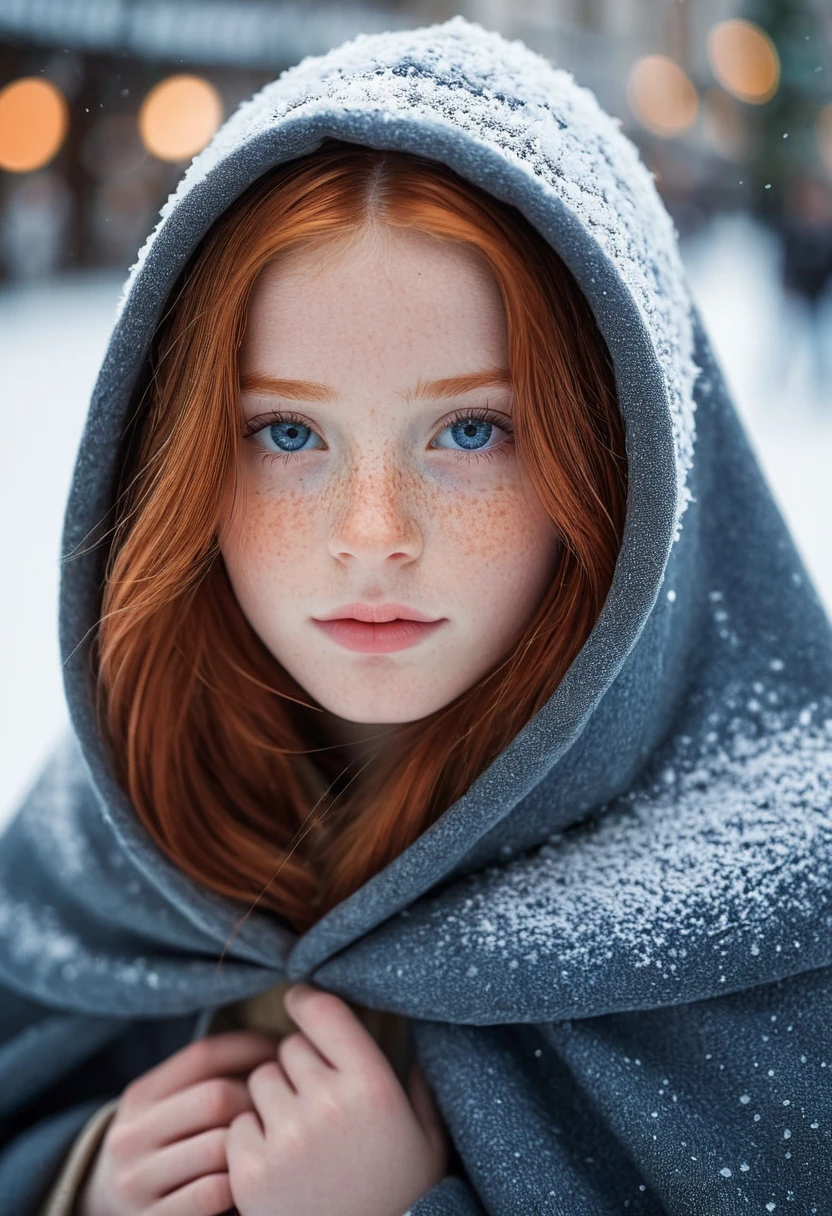 photograph of a cute tween girl, red hair, pale skin, freckles, blush, innocent,  and youthful face, silver blue eyes, wearing a cloak, city christmas festival, snowfall, Porta 160 color, shot on ARRI ALEXA 65, bokeh, sharp focus on subject, shot by Don McCullin, nsfw, (natural skin texture, hyperrealism, soft light, sharp), (perfect round eyes:1.3), Capture the essence of her beauty, Enrich the composition with soft, diffused natural light that accentuates the textures and colors, creating a timeless and culturally rich image