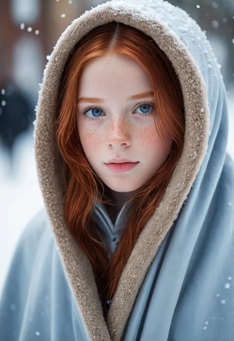 photograph of a cute tween girl, red hair, pale skin, freckles, blush, innocent,  and youthful face, silver blue eyes, wearing a...