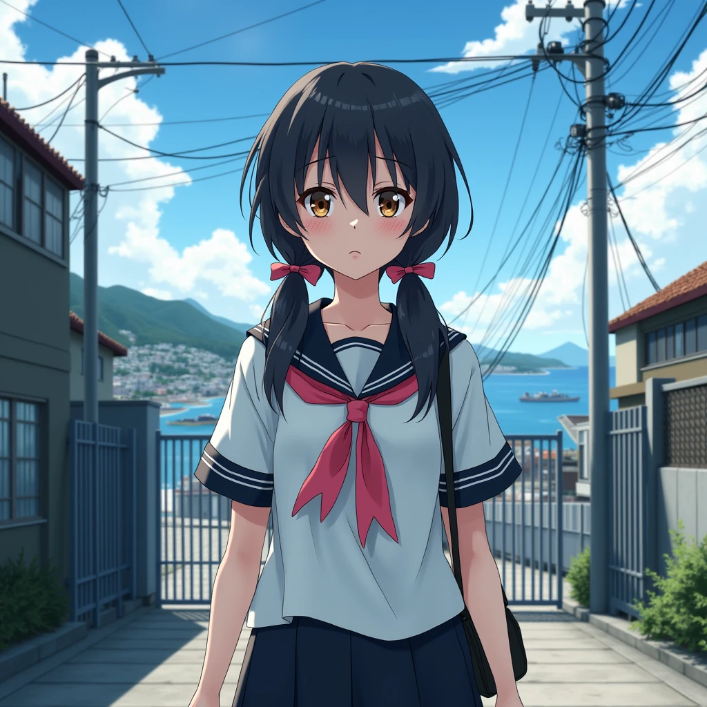 smartphone game,
1girl.
She is wearing a short sleeves white serafuku with black sailor collar with pink ribbon.
She is wearing a black skirt.
She has a very long low twintails with red ribbons. very long low pigtails, black hair.
Bag, late teens, small breasts, dark brown eyes.
Outside, school, school gate, electric pole, electric wire, hills, srope road, city scape, port city with mountains nearby, coastline, blue sky, daytime, horizon.
From front. Japanese.