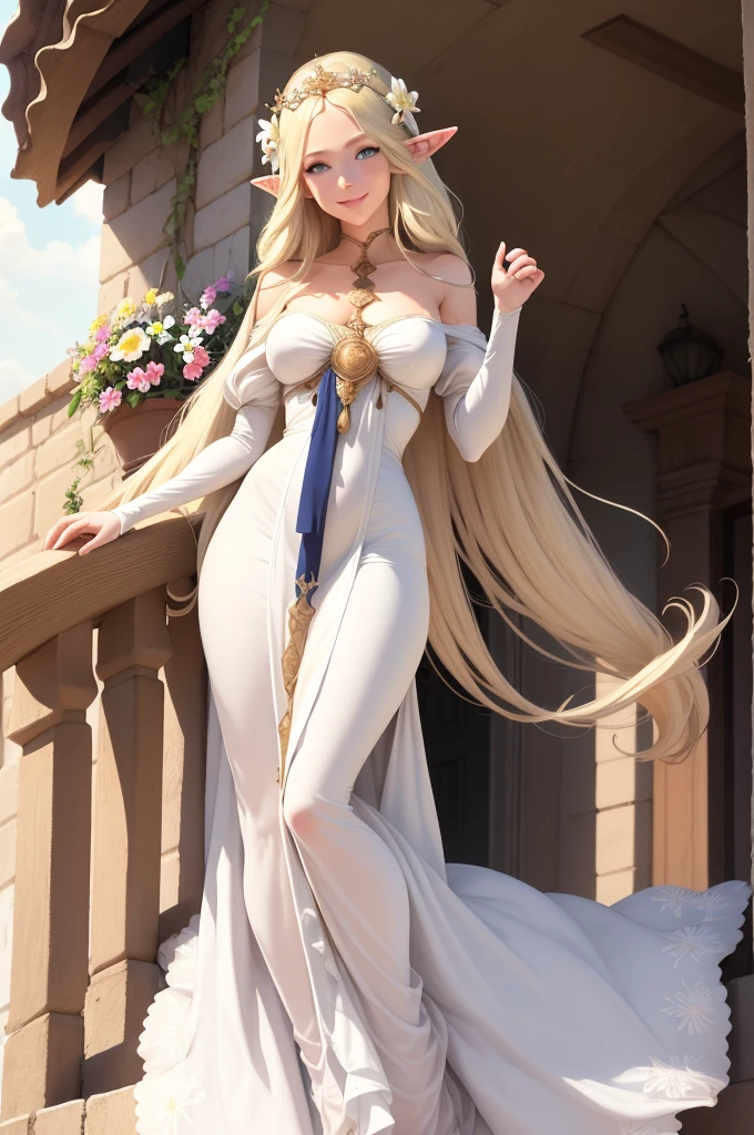 masterpiece, best quality, 1girl, ultra detailed, ultra highres, well-definded facial features, anatomically correct, cute girl, long pointy ears, elf, nice face,blonde hair, blue eyes,tiara, off shoulder dress, sundress, garden, flowers, upper body, balcony, looking at viewer, smiling, 