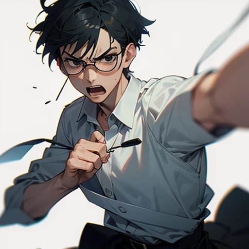 ((best quality)), ((masterpiece)), (detailed), perfect face, 1boy, solo, young, angry, clear background, white shirt, eyeglasses, black eyes, black hair, short hair, ((WholeBody))