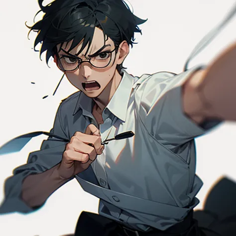 ((best quality)), ((masterpiece)), (detailed), perfect face, 1boy, solo, young, angry, clear background, white shirt, eyeglasses...