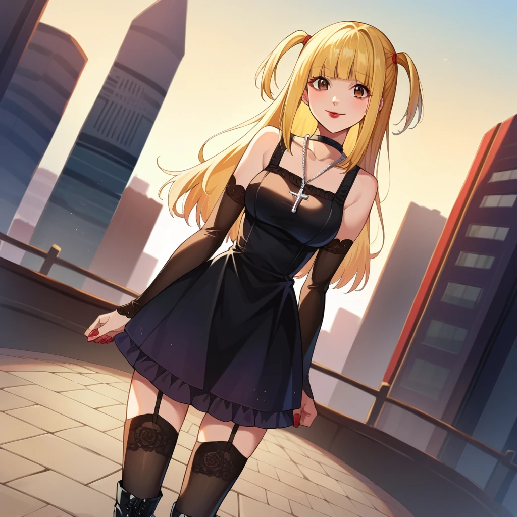 score_9, score_8_up, score_7_up, source_anime,
misaamane, misa amane, long hair, bangs, brown eyes, yellow hair, blunt bangs, two side up, red lips, lipstick, smile,
thighhighs, dress, jewelry, collarbone, boots, detached sleeves, choker, black thighhighs, necklace, black footwear, black dress, sleeveless dress, garter straps, black choker, short dress, floral print, cross, red nails, cross necklace,
outdoors, cityscape,
looking at viewer, dutch angle, cowboy shot