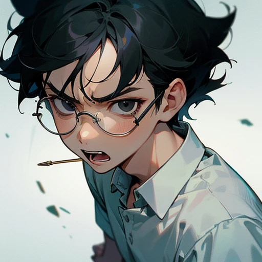 ((best quality)), ((masterpiece)), (detailed), perfect face, 1boy, solo, young, angry, brave face, clear background, white shirt, eyeglasses, black eyes, black hair, short hair, ((WholeBody))