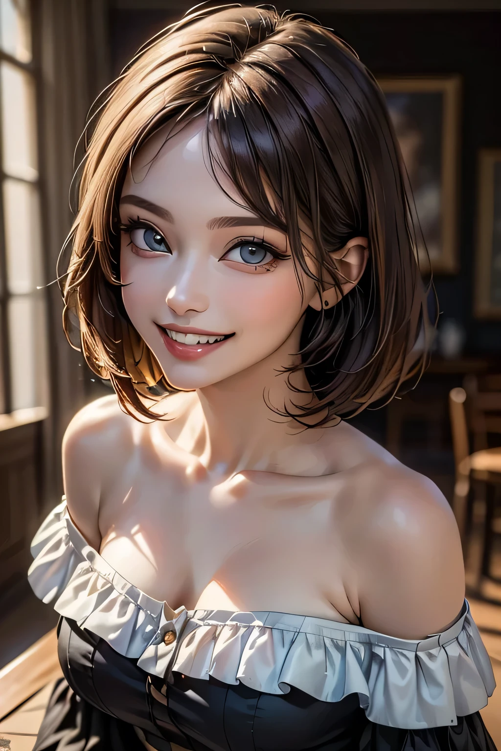 ((masterpiece, Realistic Light, Highest quality, 8k, Realistic, Tabletop: 1.3)), 1 beauty, Highly detailed beautiful face, Beautiful Eyes, double eyelid, grin, Beautiful Teeth, Brunette Bob, ((Big Breasts)), ((valley)), (Random color off-shoulder cut top: 1.3), My Room, smile, 