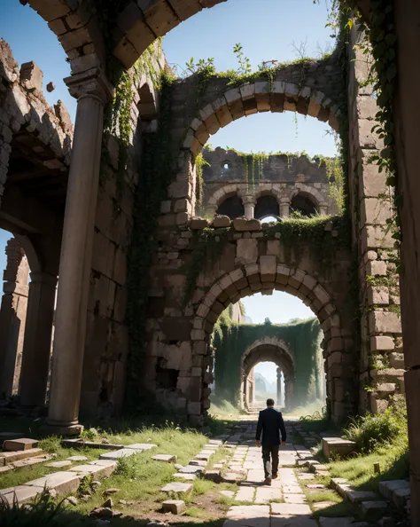 in the ruins of an ancient, forgotten site, a man walks cautiously through the remnants of an old, mystical structure. the setti...