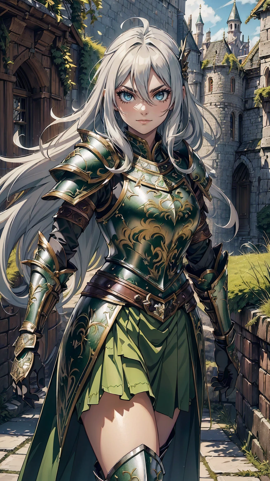 最high quality、Ultra High Definition, Ultra High Quality, Hyper Detailed, Extremely Detailed, Best image quality、masterpiece、anime woman((20-year-old、fight pose, super dynamic pose , Dancing, Green solid eyes, Silver long Hair 、Disheveled Hair 、Long White Hair, Glove、Green Skirt,  Nature Design Armor, She is smiling like a villain, cheerful expression, charismatic, Detailed Cuirass , Wearing  Full Coverage Fantasy Plate Armor, leg armor))Beautiful art、background((Inside the castle))、Written boundary depth、anime style,Visual Art, 8K,Genuine