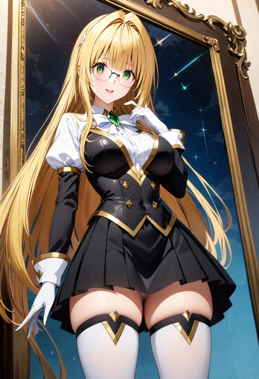 Highest quality、unity 8k wallpaper、32K、masterpiece、Very detailed、Ultra-high resolution、Very detailedな顔、RAW Photos、Professional、Ultra-fine painting、whimsical tearju, blonde hair, green eyes, long hair, hair intakes, bangs, glasses, A black and white enamel magical girl costume、Black and white puff sleeves、White ribbon with a large emerald brooch、Black pleated skirt with white lines、(((Black and white long gloves)))、(((White and black thigh-high stiletto heel long boots)))、