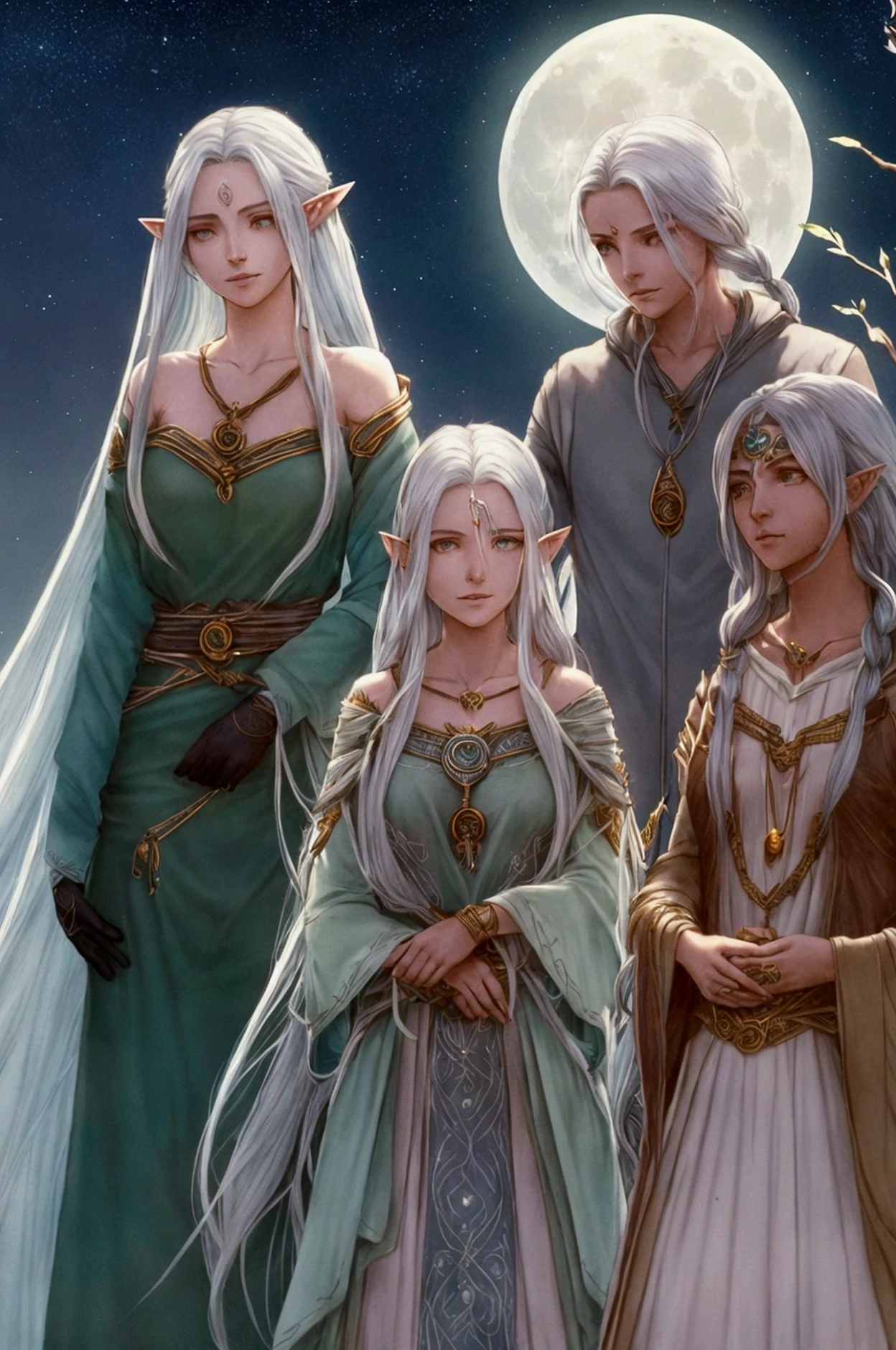 (Lyria Sombrafonte, a young  elf with long, moonlit silver hair and intense green eyes that reflect hope and determination. Her worn and dirty clothes still bear traces of delicate embroidery, hinting at her former life in Rivendora. Around her neck, she wears a wooden leaf-shaped amulet, a gift from her parents, symbolizing her connection to her roots and family. The scene captures her resilience, with the soft glow of the moonlight accentuating her silver hair and the amulet. The style is reminiscent of fantasy illustrations, focusing on Lyria’s ethereal beauty and the textures of her clothing and amulet.)