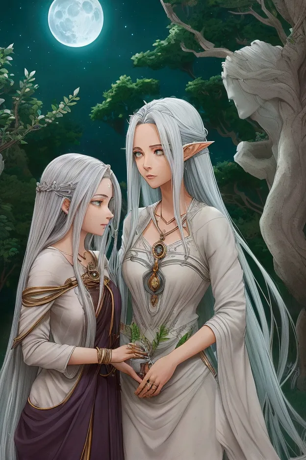 (lyria sombrafonte, a young  elf with long, moonlit silver hair and intense green eyes that reflect hope and determination. her ...