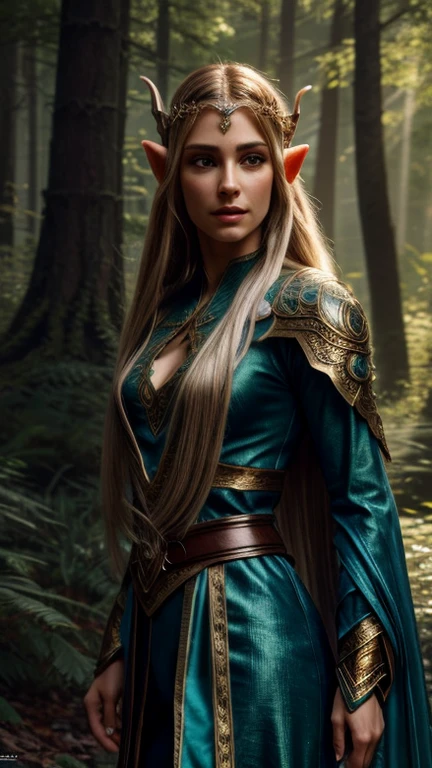 A beautiful high elf with a transparent tunic, detailed facial features, elegant posture, glowing skin, flowing hair, intricate ornaments, fantasy forest background, cinematic lighting, highly detailed, 8K, photorealistic, masterpiece