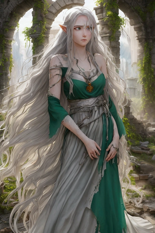 **(A young elf with long, silver hair cascading in soft waves down to her waist. Her large, greenish-gray eyes reflect deep sadness and innocence, the result of her lonely journey through the ruins of Rivendora. Her pale skin contrasts with the dirt and small scratches on her face and arms. Her once simple and well-maintained clothing is now worn and tattered, the vivid green of her dress faded by time. She clutches a silver leaf-shaped amulet, a keepsake from her mother, as a final connection to her missing parents. Despite the fragility her appearance suggests, Lyria displays a quiet determination, forged by the hardships she has endured. Though lost in a ravaged world, her upright posture reveals a resilience that defies her young age, showing that, despite her fragility, she still holds hope of finding her family. The scene should capture this mix of vulnerability and strength, with a focus on her expressive eyes and the worn textures of her clothing.)**