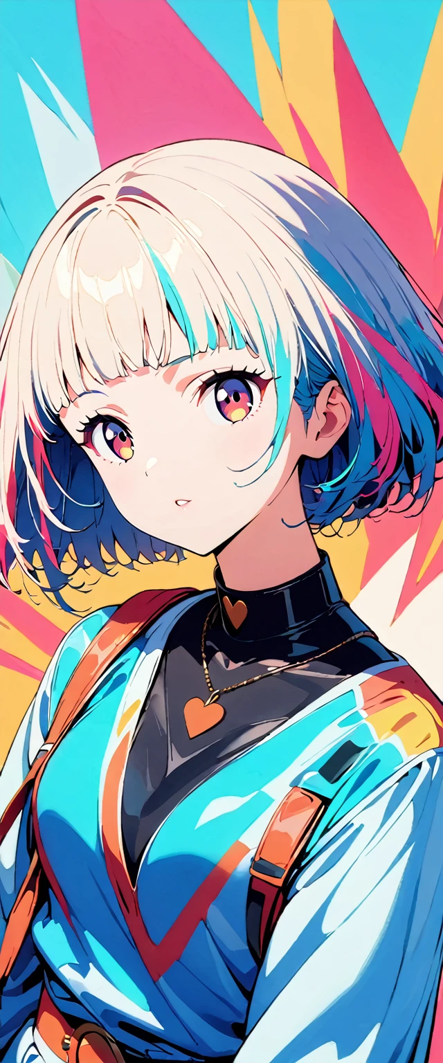 (highest quality:1.2, City Pop Style, Very detailed, Latest, Vibrant, High Contrast, masterpiece:1.2, highest quality, Best aesthetics), girl, ((Face Up Shot:1.4)), Colorful Hair, Bobcut, pastel colour, 1980s style, Retro, Vintage, ((Single color background)),