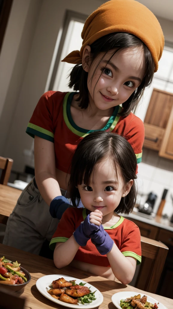 pan,black eyes,,short black hair,bangs,bandana, red shirt,midriff, fingerless gloves, looking at viewer, serious, smiling, sitting, behind a table, inside cozy kitchen, table full of food, grilled chicken, rice, high quality, masterpiece 