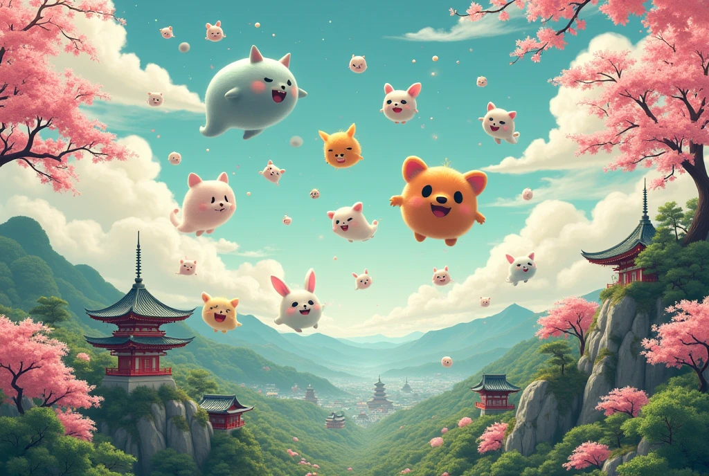 Japanese Fantasy, many kinds of Kawaii YOKAI flying in the sky, Old Japanese Scenery,