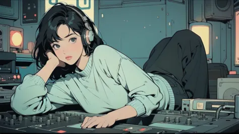 "a young woman with short black hair wearing a loose sweater is deeply focused while djing in a cozy, dimly lit room. she has la...