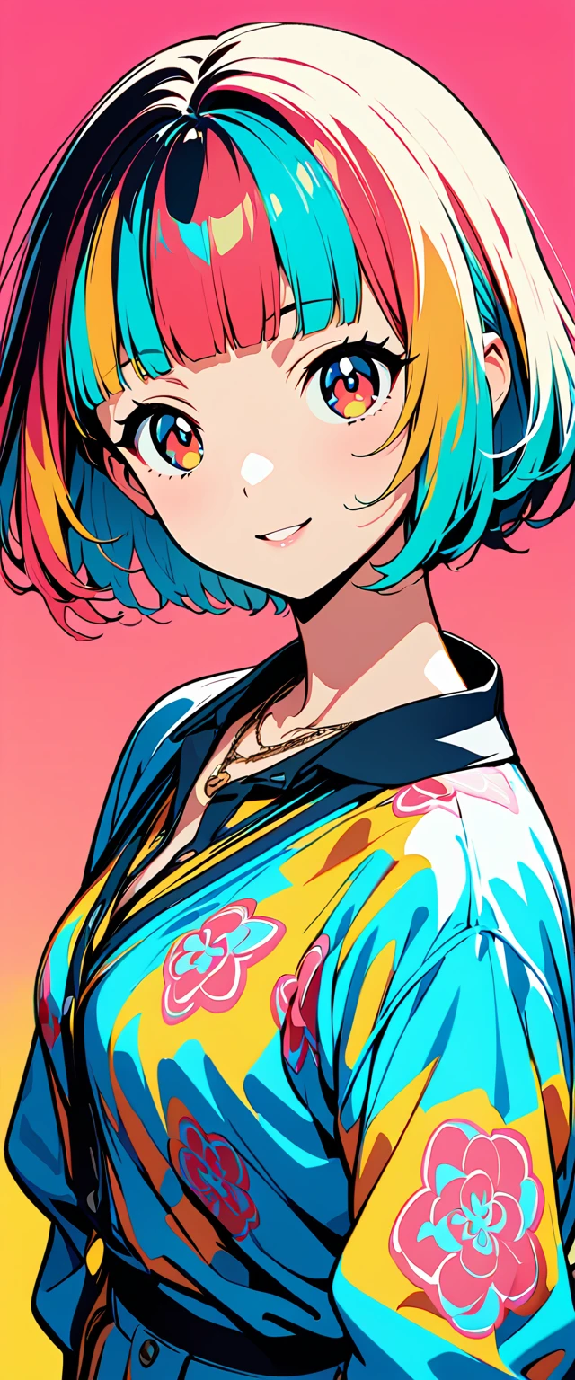 (highest quality:1.2, City Pop Style, Very detailed, Latest, Vibrant, High Contrast, masterpiece:1.2, highest quality, Best aesthetics), girl, ((Face Up Shot:1.4)), Colorful Hair, Bobcut, pastel colour, 2000s style, Retro, Vintage, ((Single color background)),