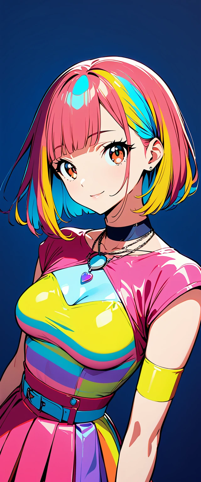 (highest quality:1.2, City Pop Style, Very detailed, Latest, Vibrant, High Contrast, masterpiece:1.2, highest quality, Best aesthetics), girl, ((Face Up Shot:1.4)), Colorful Hair, Bobcut, pastel colour, 2000s style, Retro, Vintage, ((Single color background)),