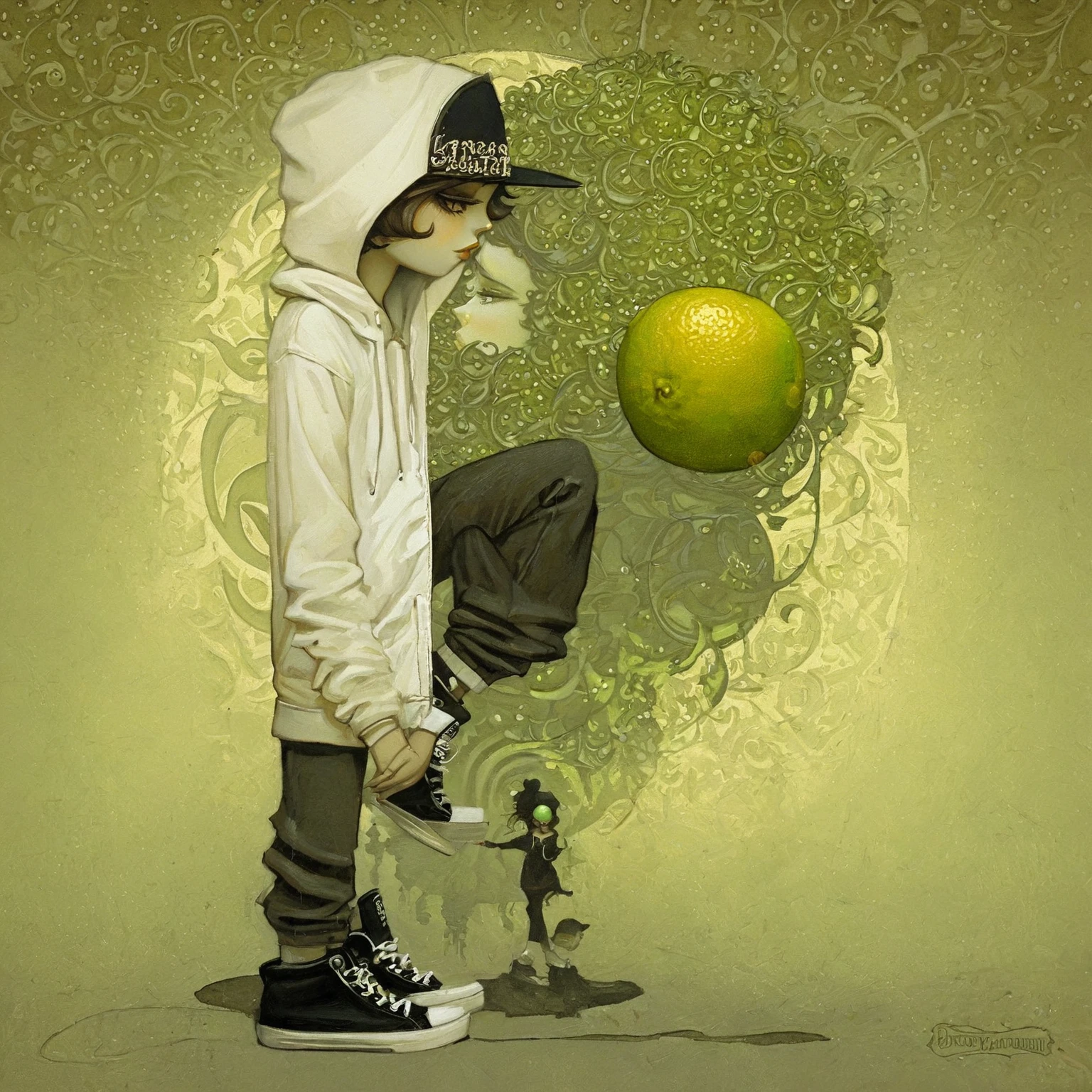 Intricately detailed illustration, one juicy lime, lime fruit figure wearing yellow baseball cap with “LIME” written on it, wearing white hoodie, jeans, hands in pants, black sneakers. Alvin Langdon Coburn, Alfonso Mucha style, vintage sepia tones, ornate lemon elements, dramatic chiaroscuro lighting, highly detailed face and eyes, dreamy pose, dreamy atmosphere, cinematic composition, masterpiece.
