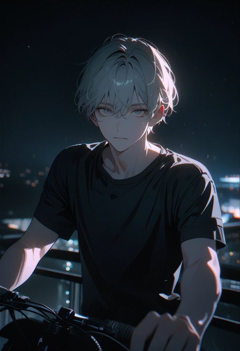 (8K, RAW photos, best quality, masterpiece: 1.4), (((Boy on bike)))，Ultra-high resolution, Extremely detailed, light, closeup of arms, handsome boy, black eyes, (delicate eyes, Eyes are bright:1.2), Gray short hair, Fair skin,dark,black shirt(perfect anatomy:1.2), High-quality shadows, Natural Lighting, (White highlights:1.2), night, cloudy day, (Four-story residential building:1.2), (Bridge at night:1.2)