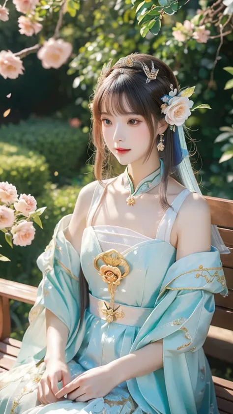 a close up of a woman sitting on a bench with a flower in her hair, palace ， a girl in hanfu, beautiful character painting, 8k))...