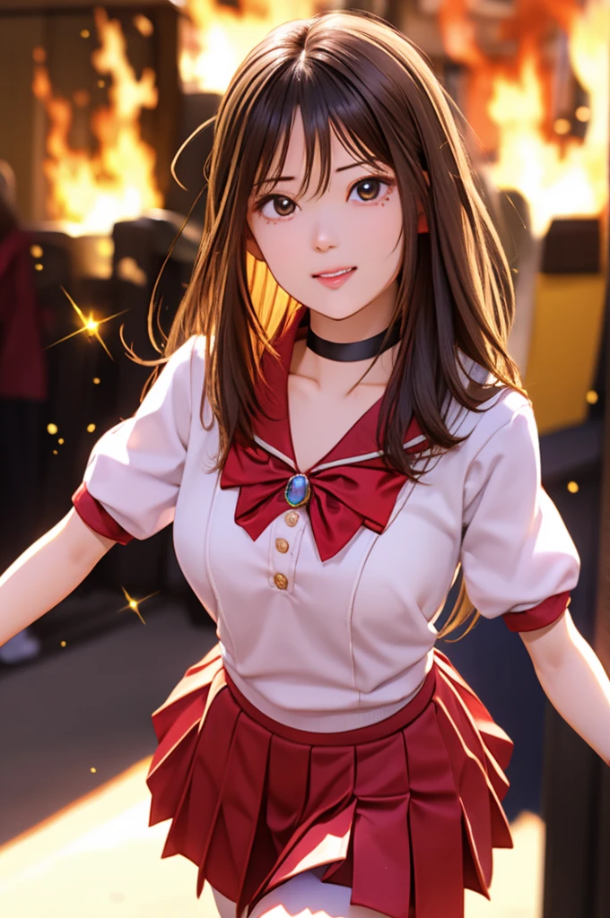 High resolution, 8k, Highest quality, Detailed face, Beautiful and detailed, Glowing Skin, Hard Focus、Film Grain, Soft lighting, 火starのセーラー戦士,One Girl, Very long hair, chest, brooch, choker, gloves, gem, gloves,jewelry, red choker, red gemstone, Red Sailor Collar, shirt, Short sleeve, star (symbol), star choker, white gloves, white leotard, white shirt,leotard, mini skirt, Pleated skirt, Red Skirt, Knee socks,Fighting stance pose, (巨大なchest, 大きなchest:1.2),(Glow Wave:1.1),A paradise enchanted by the flames of hell, Pillar of Fire, Blurred Background, outside, ((Face close-up))、額に赤いgemのついたティアラ