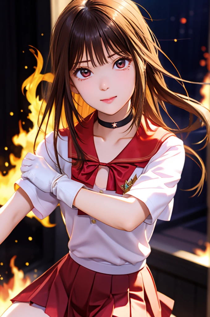 High resolution, 8k, Highest quality, Detailed face, Beautiful and detailed, Glowing Skin, Hard Focus、Film Grain, Soft lighting, 火starのセーラー戦士,One Girl, Very long hair, chest, brooch, choker, gloves, gem, gloves,jewelry, red choker, red gemstone, Red Sailor Collar, shirt, Short sleeve, star (symbol), star choker, white gloves, white leotard, white shirt,leotard, mini skirt, Pleated skirt, Red Skirt, Knee socks,Fighting stance pose, (巨大なchest, 大きなchest:1.2),(Glow Wave:1.1),A paradise enchanted by the flames of hell, Pillar of Fire, Blurred Background, outside, ((Face close-up))、額に赤いgemのついたティアラ