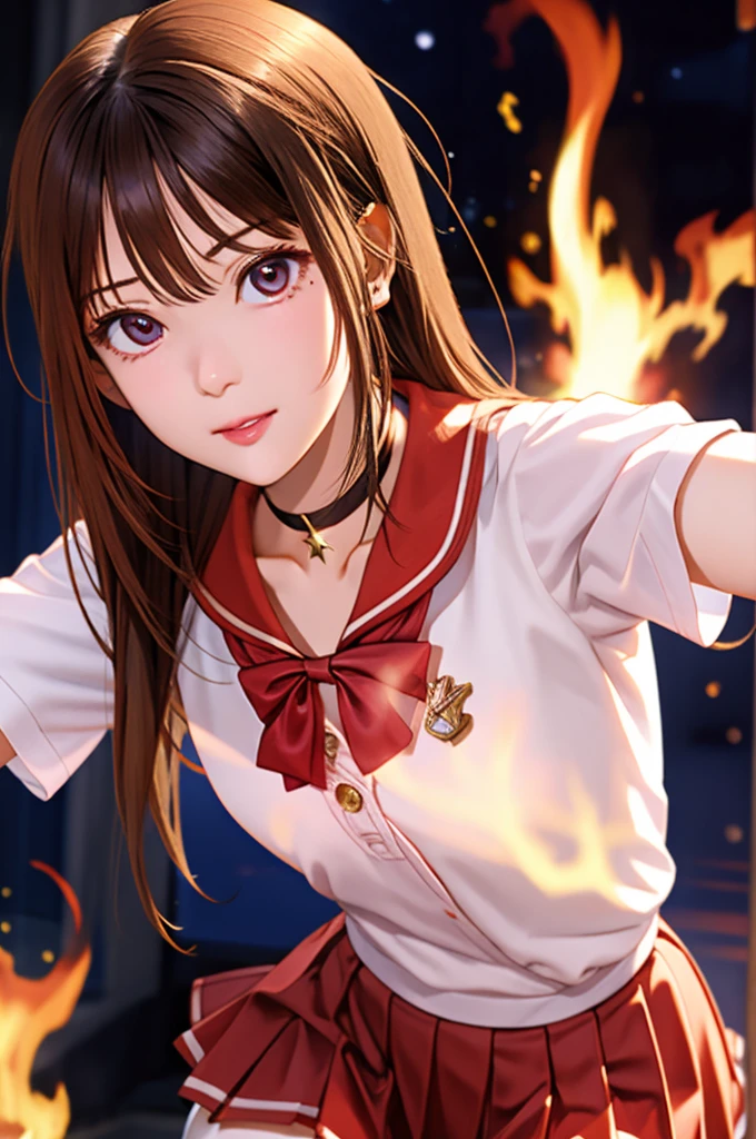 High resolution, 8k, Highest quality, Detailed face, Beautiful and detailed, Glowing Skin, Hard Focus、Film Grain, Soft lighting, 火starのセーラー戦士,One Girl, Very long hair, chest, brooch, choker, gloves, gem, gloves,jewelry, red choker, red gemstone, Red Sailor Collar, shirt, Short sleeve, star (symbol), star choker, white gloves, white leotard, white shirt,leotard, mini skirt, Pleated skirt, Red Skirt, Knee socks,Fighting stance pose, (巨大なchest, 大きなchest:1.2),(Glow Wave:1.1),A paradise enchanted by the flames of hell, Pillar of Fire, Blurred Background, outside, ((Face close-up))、額に赤いgemのついたティアラ