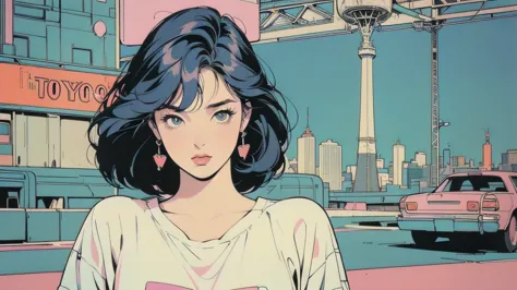 (((a young woman with a flat chest standing in a retro night city with tokyo tower in the distance))), (((masterpiece, ultra-det...