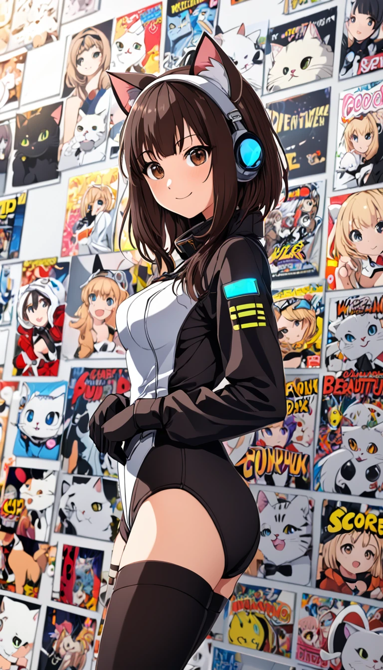 arafed woman in a cat suit posing in front of a wall of comics, absurdres, score_9, score_8_up, score_7_up, source_anime, 1girl, deep brown eyes, room, wariza, black hair, long Bob Hair, happy face, smile, portrait, beautiful young cat girl, medium breast, curve body, seductive pose, Pose with hands tucked behind ears, Cheek resting on hand, looking at viewer, cat kitten ears headband, wearing atompunk jumpsuit, black opera glove, black long socks, nekomimi, dynamic angle, night days, hotel bedroom background,