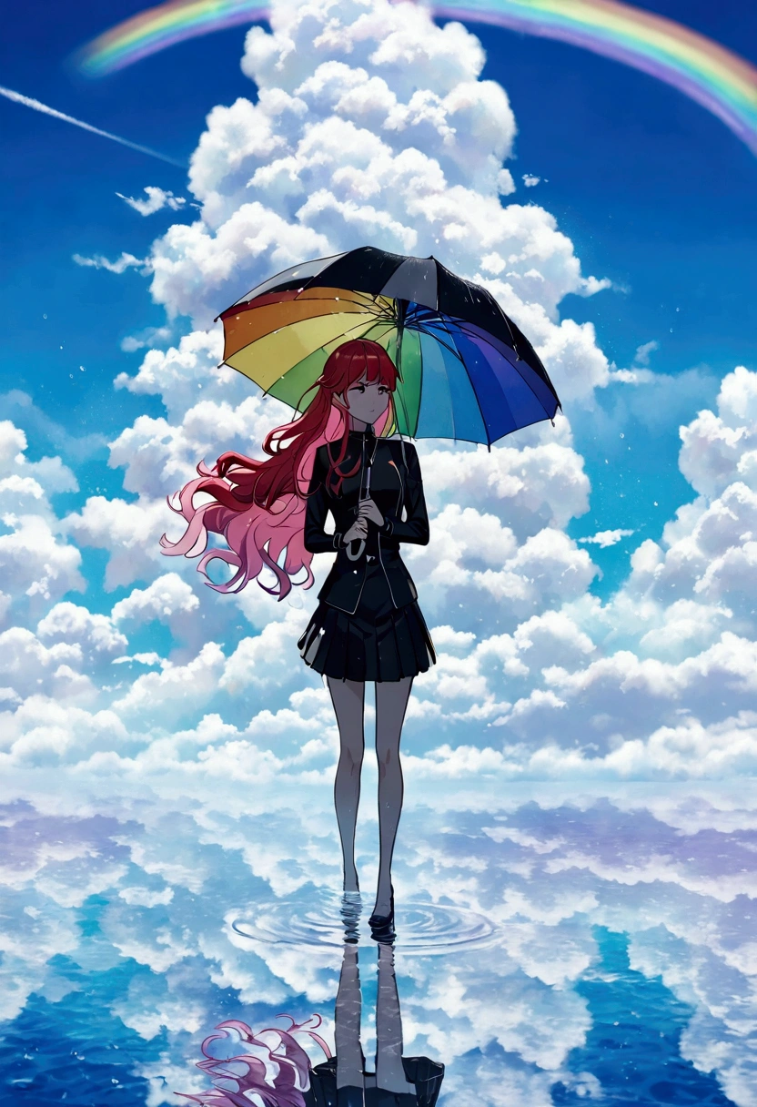 A woman holding an umbrella,Holding an umbrella with both hands, rainbow-colored hair,Long Hair,Black Uniform,mini skirt　A rainbow appears,noon,It rains,Reflection on the water horizon, standing on liquid 　Catch the wind