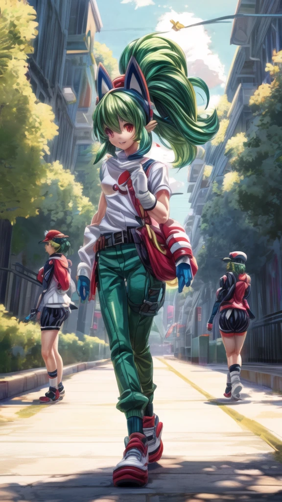 anime girl with green hair and green pants walking down a sidewalk, pokemon anime style, pokemon art style, pokemon trainer, illustration pokemon, misty from pokemon, pokemon style, pokemon trainer outfit, style artgerm, forest city streets behind her, in style of artgerm, pokemon inspired, stylized anime, anime style. 8k