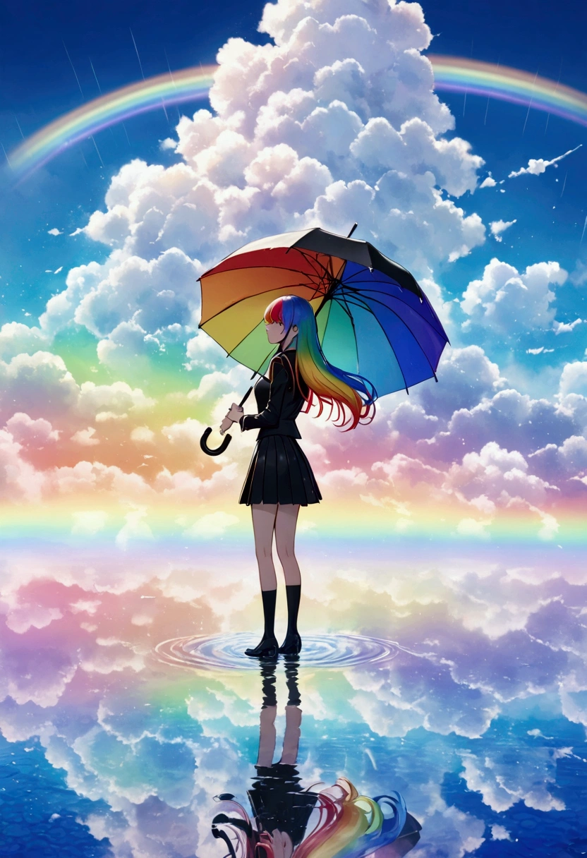 A woman holding an umbrella,Holding an umbrella with both hands, rainbow-colored hair,Long Hair,Black Uniform,mini skirt　A rainbow appears,noon,It rains,Reflection on the water horizon, standing on liquid 　Catch the wind