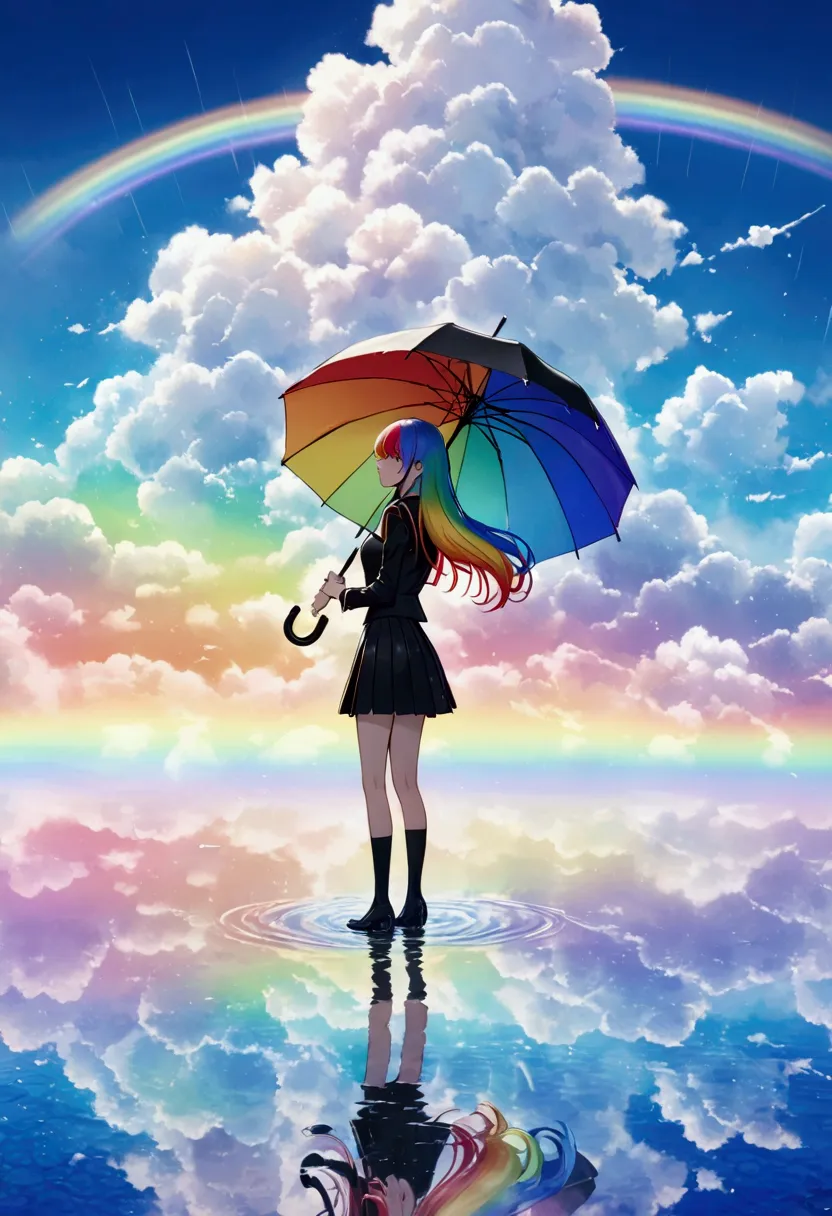 a woman holding an umbrella,holding an umbrella with both hands, rainbow-colored hair,long hair,black uniform,mini skirt　a rainb...