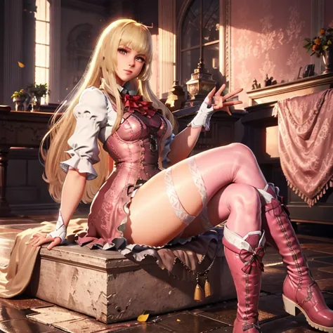 masterpiece, best quality, pink thighhighs, blonde hair, crossed legs, boots, thick thighs,