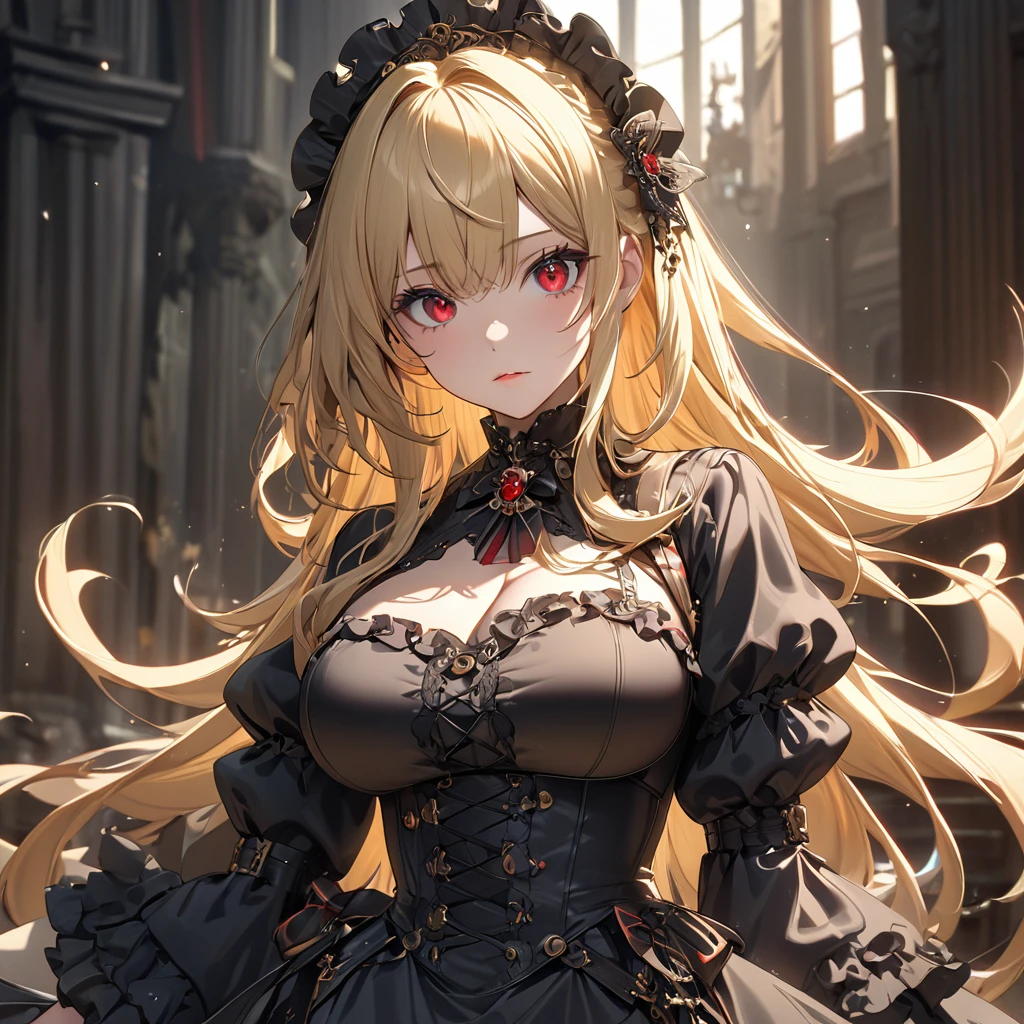 最high quality, wonderful_delicate, wonderful delicate eyes, Super detailed, beautiful, 8k , One girl, Red eyes, evil, Facial Contour,(Absurd, High resolution, Super detailed), masterpiece, The perfect solution, wonderfulディテール, Super Detailed,  Ray Tracing, Depth of written boundary, Cinema Lighting, Ray Tracing, 超High resolution, Attention to detail, 最high quality, High resolution, high quality, Awards, Super Detail, masterpiece, 8k, 超High resolution, Attention to detail, 最high quality, High resolution, high quality, Awards, Super Detail, masterpiece, 8k, Digital Art, Anime Coloring、Woman in dress and boots , Baroque Dress, Wearing an elaborate steampunk dress, Elegant Gothic Princess, Victorian Gothic Fashion, historical Baroque Dress dark, Black Gothic Dress, Fantasy style clothing, Rococo Dress, Black Rococo, Fantasy Costume, wearing a Gothic Dress, Romantic Dresses, Gothic Dress,blonde,,(((Upper body portrait))),Red eyes,city,Big Breasts