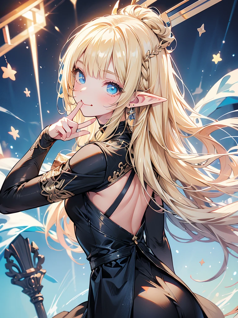 masterpiece, best quality, 1girl, ultra detailed, ultra highres, well-definded facial features, anatomically correct, cute girl, long pointy ears, elf, nice face,blonde hair, blue eyes,looking at viewer, from side, tongue out, V-sign