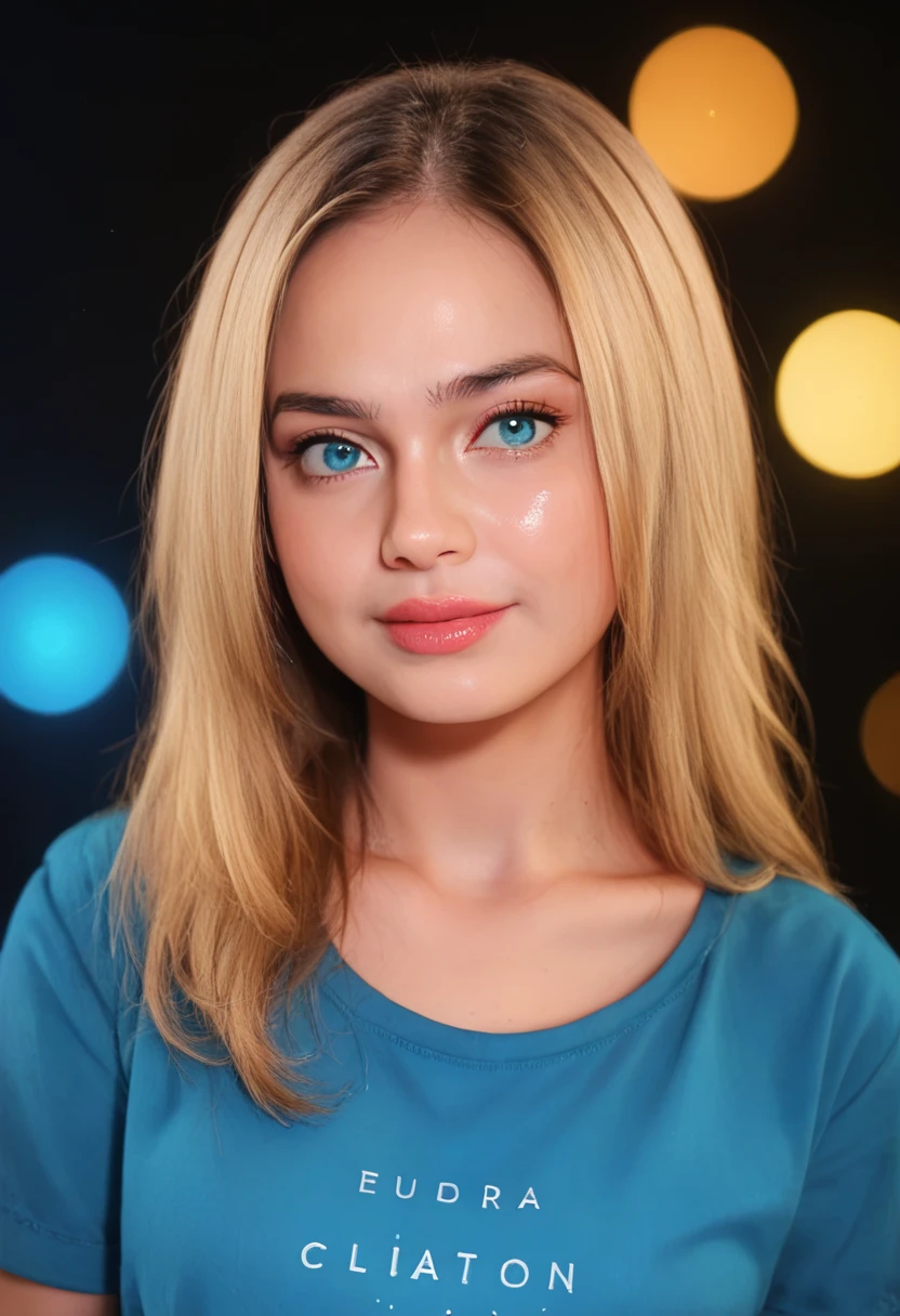 score_9, score_8_up, score_7_up, (masterpiece),(best_quality), ultra high res,4K,ultra-detailed, photography, 8K, HDR, highres, (absurdres:1.2)straight-on, upper body, solo, blonde hair, long hair, hair between eyes, blue eyes, bangs, collarbone, spiked hair, small breasts, green eyes, choker, blue t-shirt, (pleated skirt:1.2), jewelry, official art, extremely detailed CG unity 8k wallpaper, perfect lighting, Colorful, Bright_Front_face_Lighting, shiny skin, Kodak portra 400, film grain, blurry background, (bokeh:1.2), lens flare, (vibrant_color:1.2), professional photograph, (beautiful_face:1.3),