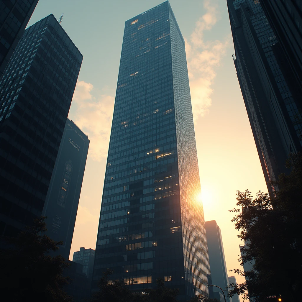 Realistic, Backlight, very high rise building, The sun next to the top of the building. Dazzling sunlight. Japan, evening, from front.