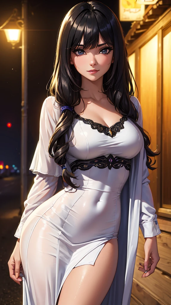 (masterpiece:1.2), (best quality:1.2), looking at viewer, (light smile:0.8), (lady|girl), (shiny skin:1.2), (depth of field:1.2), cinematic, (cowboy shot), medium breasts, outdoors, night, town, dress, wavy hair, long hair, side bang, fringe, black_theme