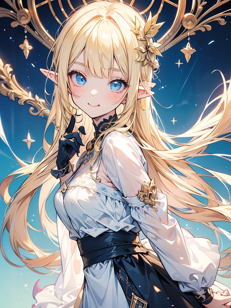 masterpiece, best quality, 1girl, ultra detailed, ultra highres, well-definded facial features, anatomically correct, cute girl, long pointy ears, elf, nice face,blonde hair, blue eyes,looking at viewer, from side, tongue out, V-sign