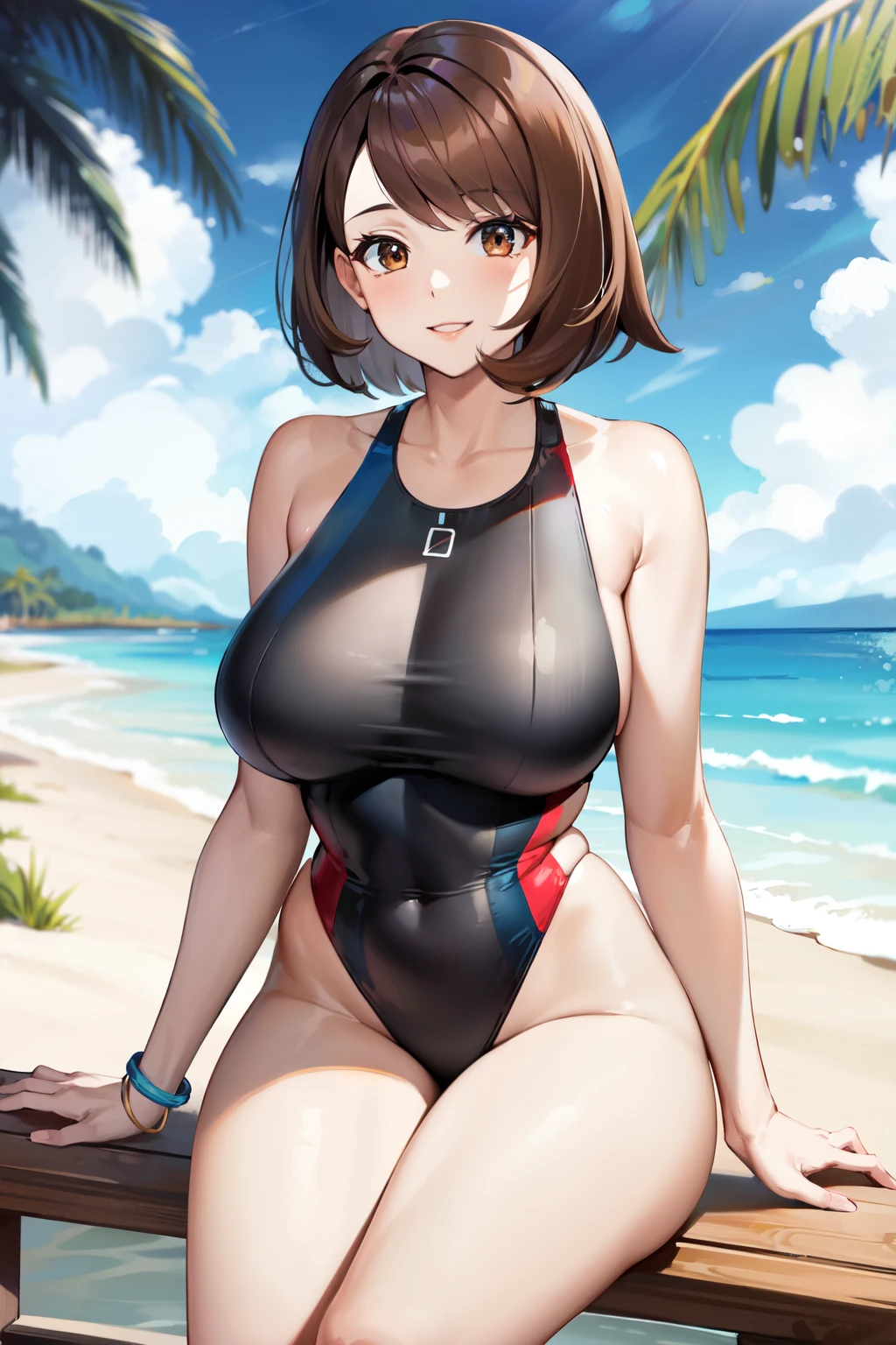 masterpiece, best quality, highres, gloria1, 1girl, gloria \(pokemon\), brown hair, solo, brown eyes, short hair, bob cut, bangs, thighs, breasts, smile, mature female, large breasts, beach, one-piece swimsuit, sideboob