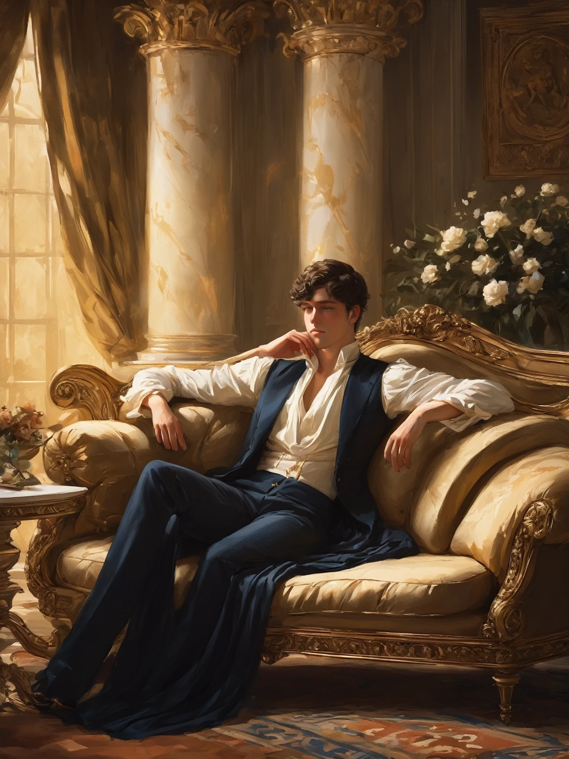 Create a detailed digital painting of a young man reclining on a luxurious, antique sofa with an elegant and relaxed posture. The man has tousled, dark brown shorthair and a contemplative expression, resting his head on his hand. He is dressed in traditional ancient Greek attire, wearing a simple, flowing white chiton made of fine fabric, draped loosely over one shoulder and leaving the other shoulder bare. The setting is an opulent, classical room with dark vibe atmosphere, with a warm, golden light filt