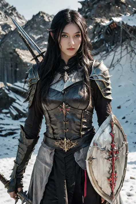 dark elf female,gothic black plate armour,golden ornaments,pale white skin,long black hair,holding a sword,no helmet,tired look,...